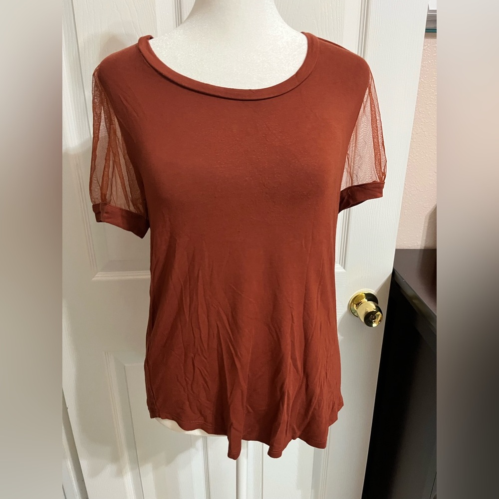 (N) DKNY Women's Rust Top with Sheer Sleeves